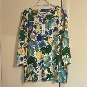 NWT Chico's Blue and Yellow 3/4 sleeve top 100% Pima cotton womens 3